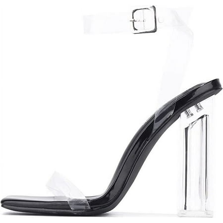 

Cape Robbin Maria-2 Black Clear Block High Heel Transparent Open Toe Pumps (Black 6)