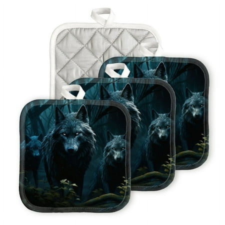 

BaHomeck Pot Holders 4pcs dacron Made Square heat-resisting mat Machine Washable for Kitchen Oven Hot Pads 6.7inch*6.7inch Three Wolves In The Dark Forest