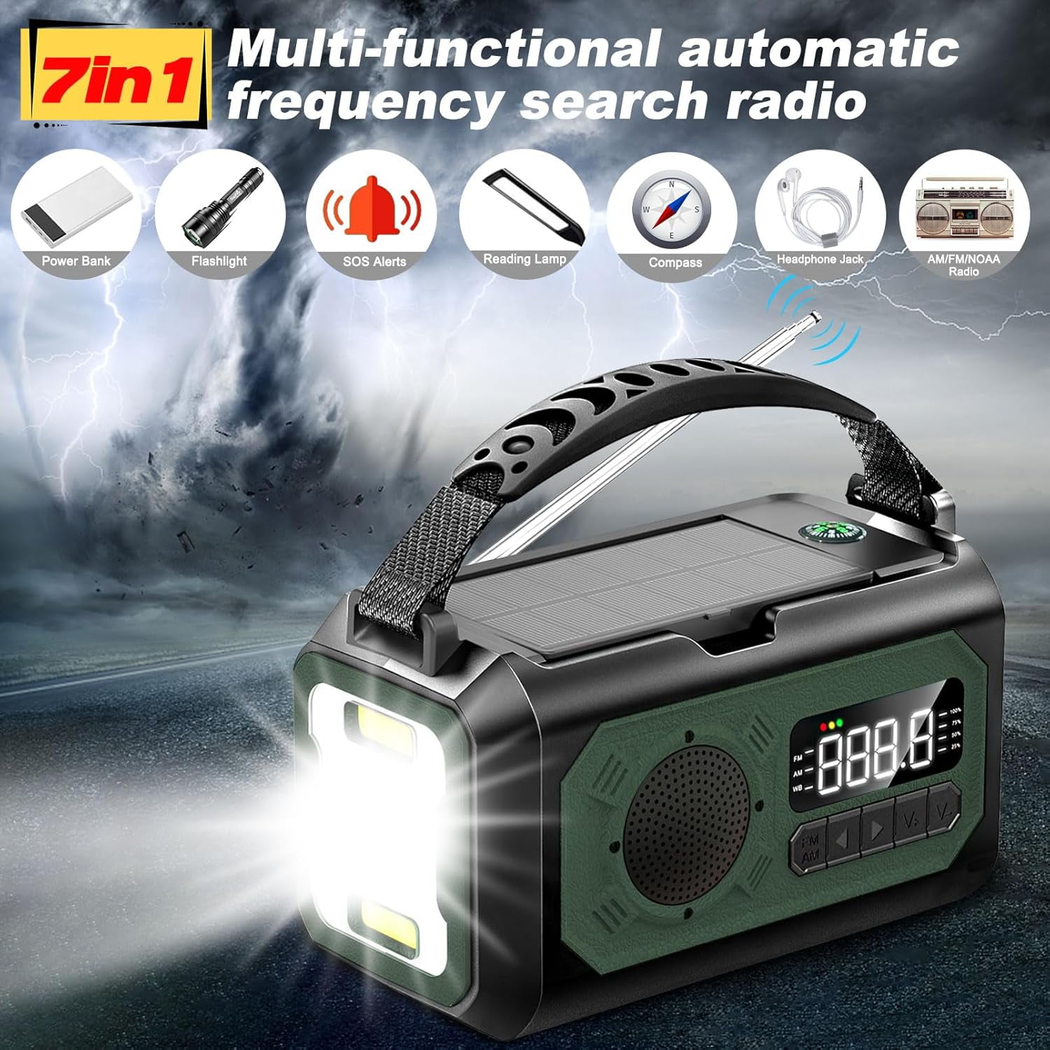 12000mAh Emergency Radio, AM/FM/NOAA Weather Alert Radio, Portable Hand Crank Radio Solar/Type-C Charging Outdoor Radio with Torch & LED Reading Lamp, SOS Alarm, Compass, Power Bank (Army Green)