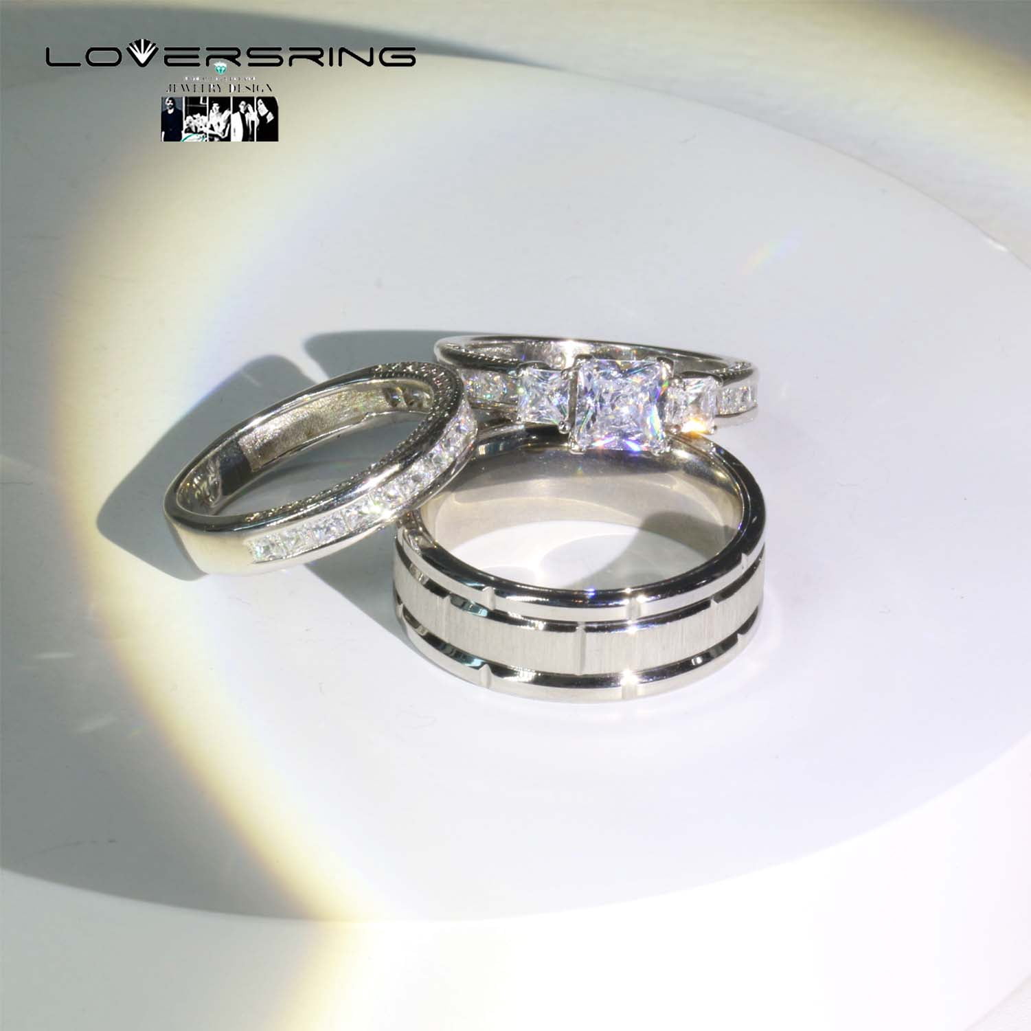 Couple rings Wedding Ring Set Women Square cut Moissanite Engagement Ring in Sterling Silver Man Titanium Bands