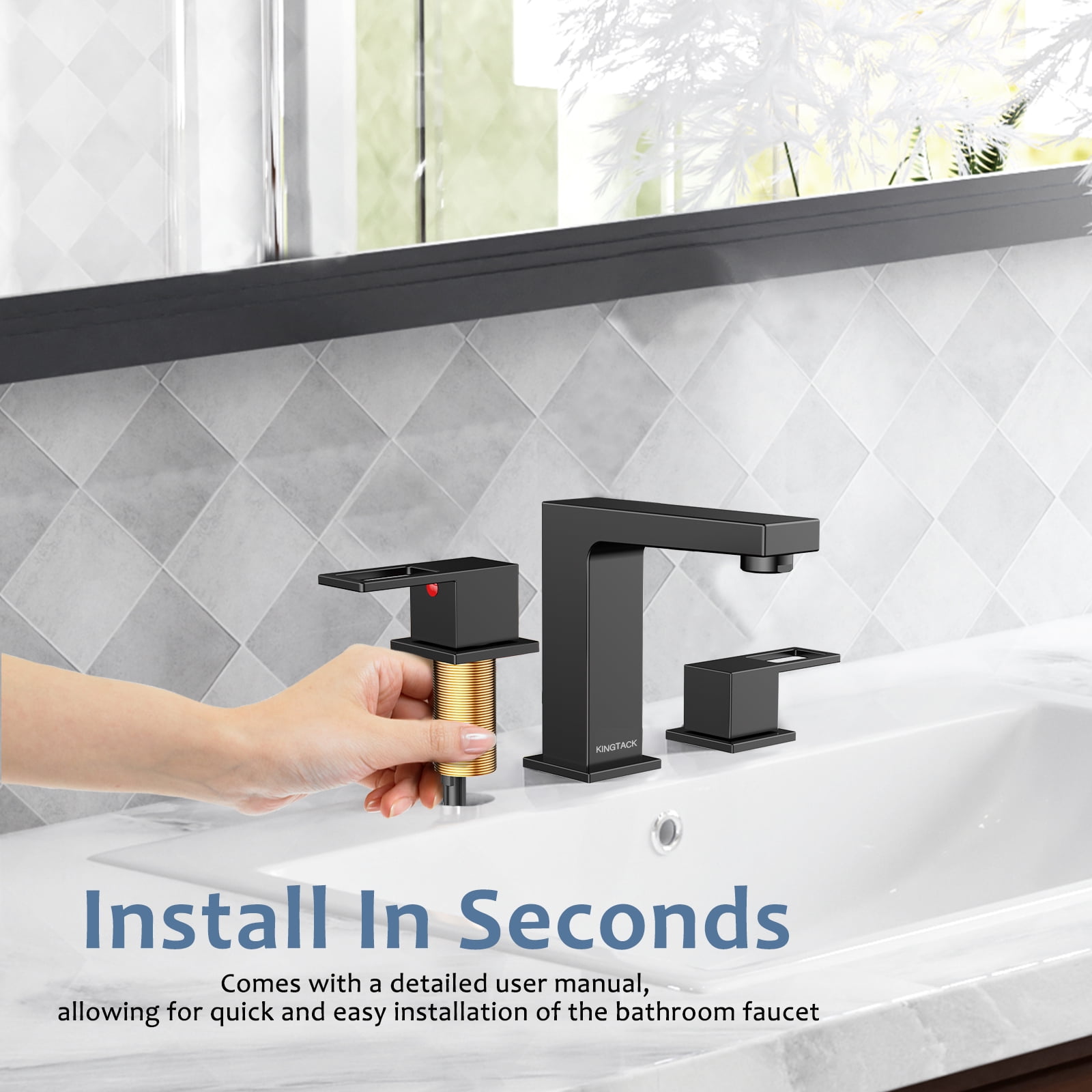 KINGTACK Matte Black Bathroom Faucet 3 Hole, 8 inch Widespread Bathroom Faucet with Pop Up Drain, 2 Handle Vanity Faucet with Water Supply Hoses