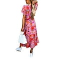 thumbnail image 4 of Genuiskids Women Summer Boho Short Sleeve Floral Midi Dress V Neck Ruffle Bohemian Swing Beach Dresses Elegant Beach Sundress, 4 of 5