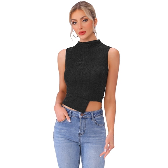 DARING DIVA Women's Glitter Mock Neck Sleeveless Asymmetrical Hem Outfit XS Black