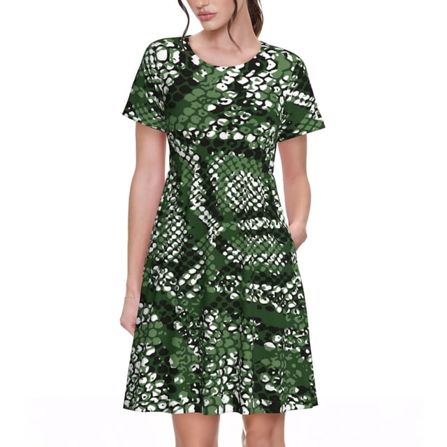 Fotbe Green Snakeskin Vestido Largo de Moda para Mujer, Vestido Tipo Camiseta con Manga Corta y Estilo Casual a Rayas y Bloques de Color