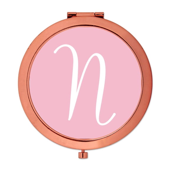 Koyal Wholesale Rose Gold Compact Mirror Bridesmaid's Wedding Gift, Blush Pink, Monogram Letter N, 1-Pack