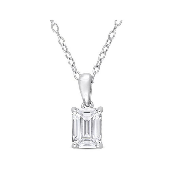 1.00 Carat (ctw) Simulated Moissanite Emerald-Cut Solitaire Pendant Necklace in Sterling Silver with Chain (8mm)