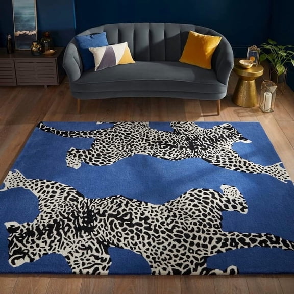 Avyay Rugs Climbing Jaguar Blue Handmade Wool Area Rug – 4 x 6 ft – Modern Animal Print, Durable Living Room & Bedroom Carpet