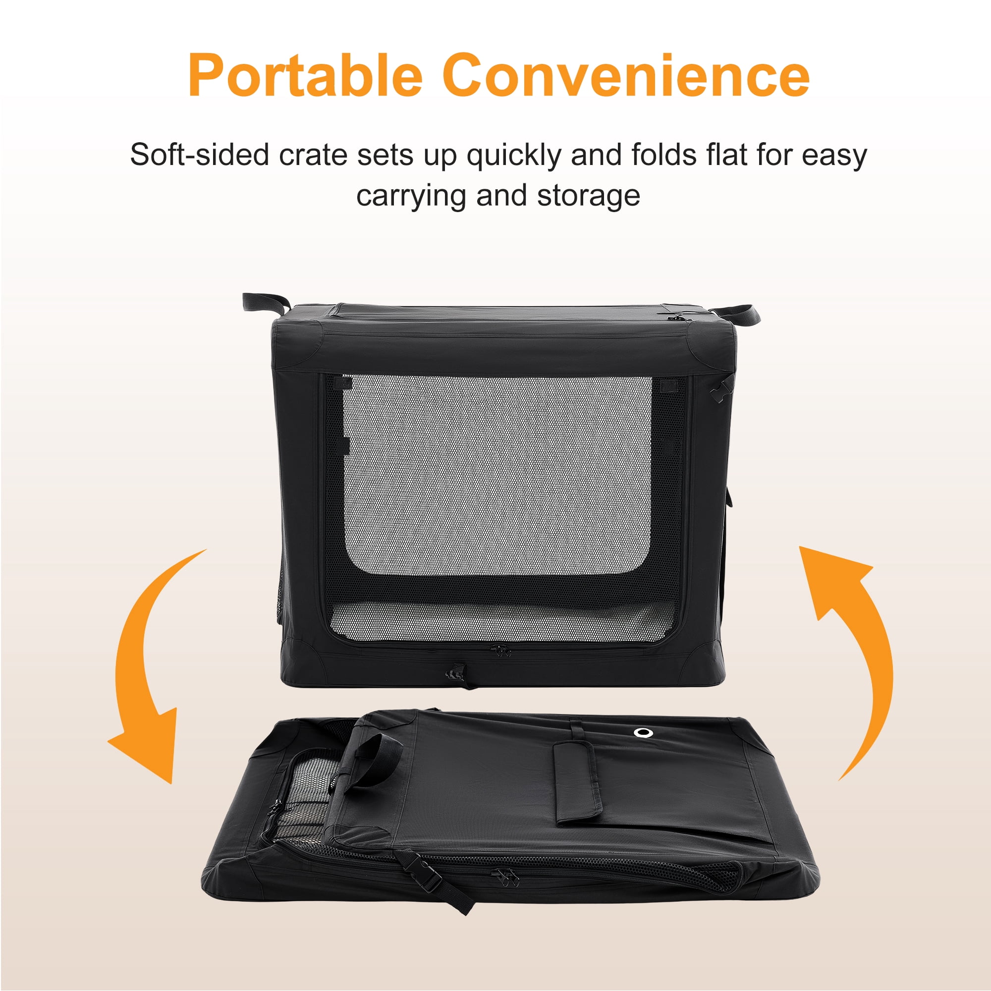 Sweetcrispy Portable Soft-Sided Dog Crate, Folding Travel Kennel with 3 Doors & Storage Pocket, Lightweight Oxford Fabric, Black, 30 lb Limit