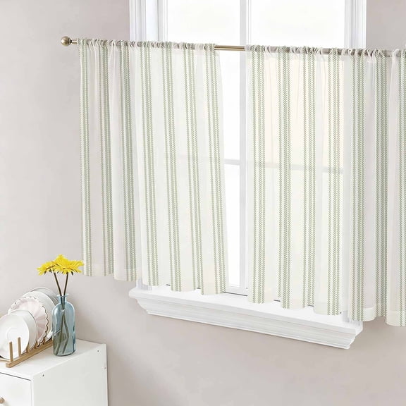 Sage Green Striped Semi Sheer Curtains 54 Inch Length 2 Panels Set, Modern Farmhouse Green Stripes Sheer Kitchen Curtain Privacy Voile Window Curtain for Living Room Bedroom Rod Pocket Drapes