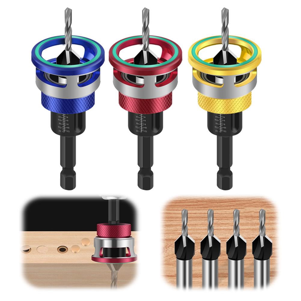 Countersink Drill Bit Set with Adjustable Depth Stop, 4 Pcs Carbon Steel Tapered Bits (2.8/3.2/3.5/4.0mm) with 1/4" Hex Shank,  for Precise Woodworking, Plywood, MDF and DIY Projects