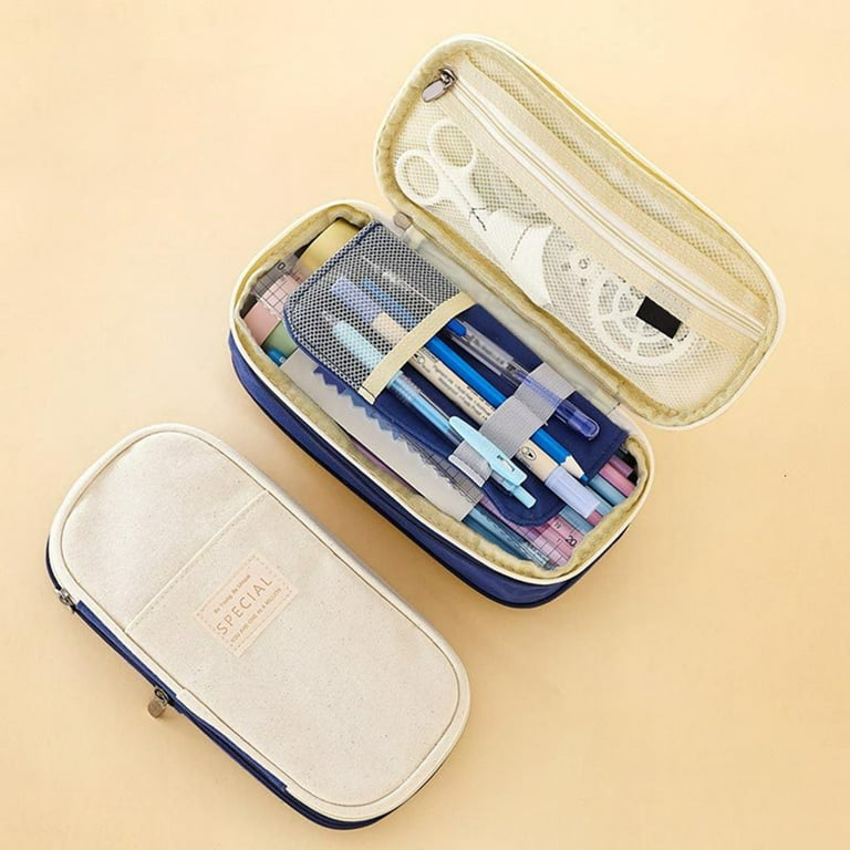 Minimalist Style Pencil Bag Large Capacity Canvas Classic Pocket Pen Pencil  Case for School Beige Canvas 