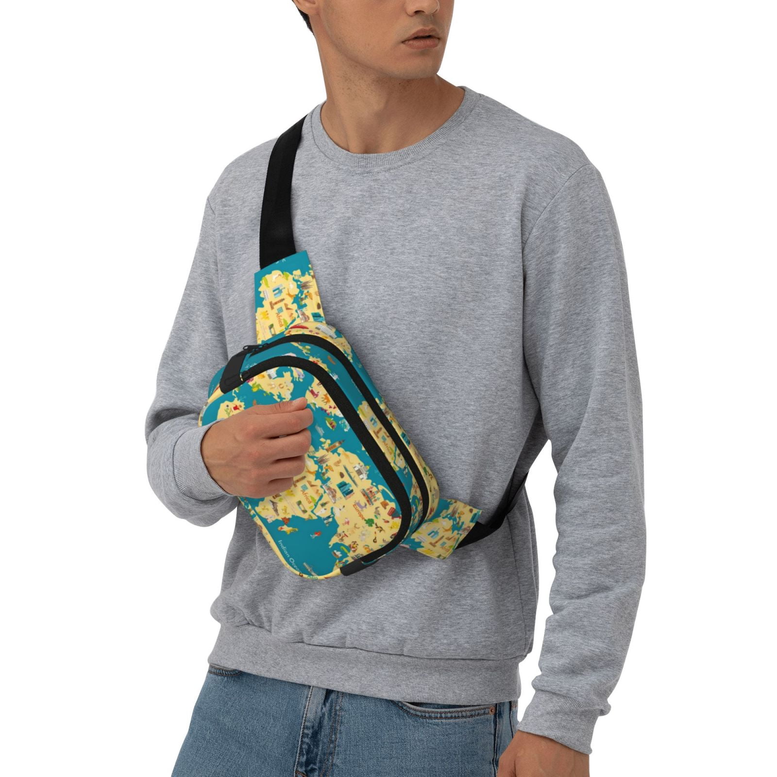 Picia World Map With Landmarks Print Square Double-Layer Waist Bag Mini Adjustable Waist Belt Bag Exercise Running Travel Hiking