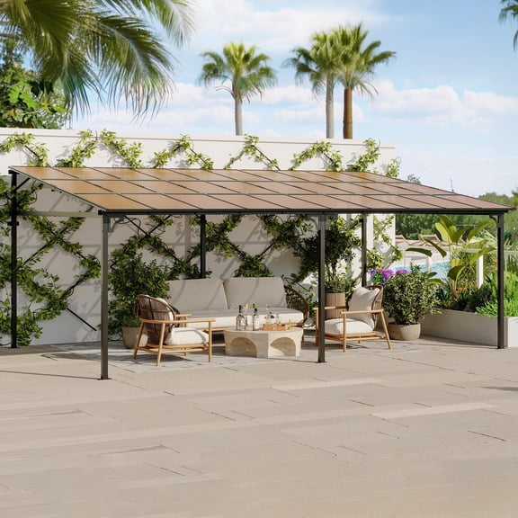 12x20 FT Wall Mounted Hardtop Gazebo, Lean-to Aluminum Pergola, Durable Polycarbonate Roof, UV Protection, Weather Resistant Outdoor Awning for Patio Deck Porch Backyard