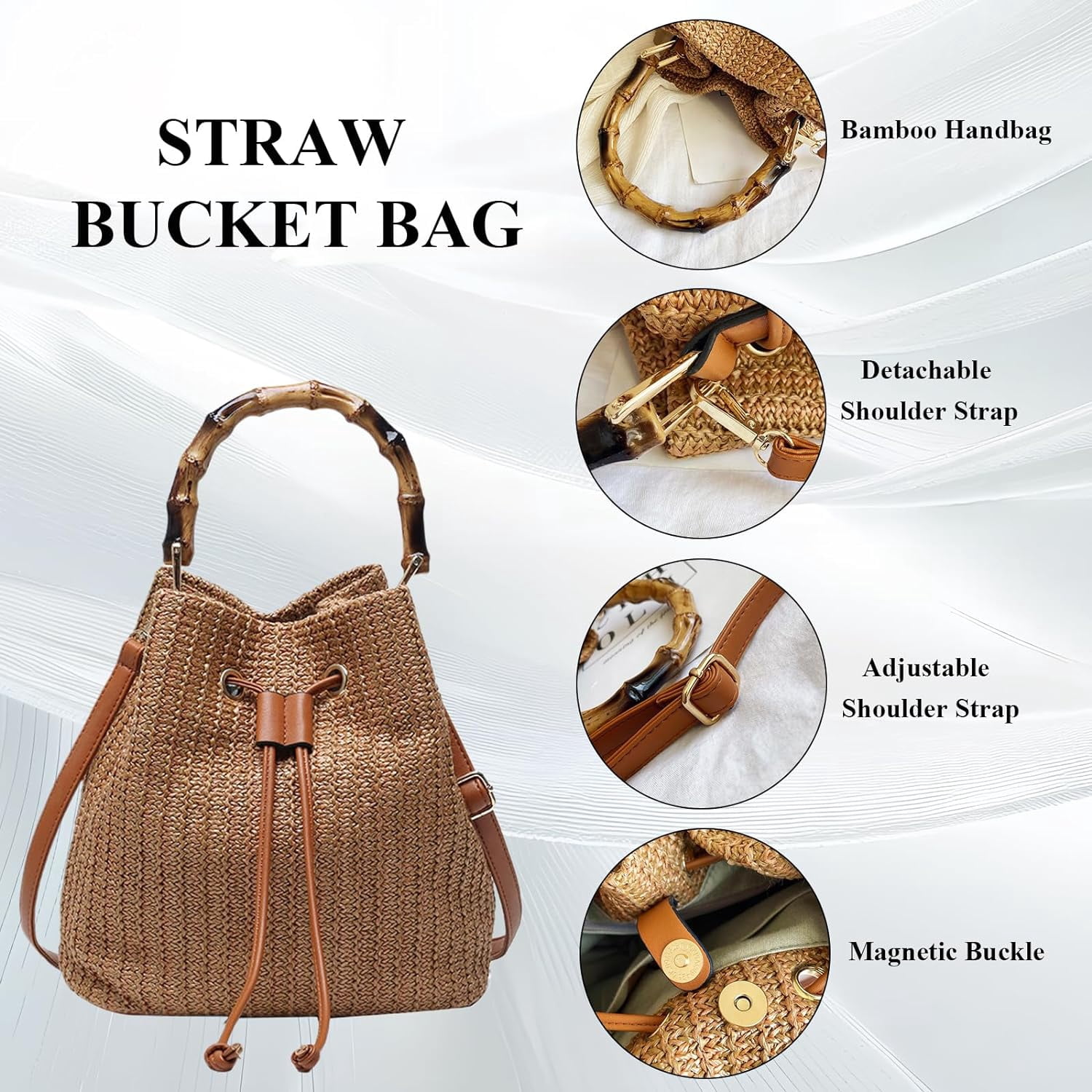 Straw Purse for Women, Summer Straw Bucket Bag Trendy Hobo Bag Straw Shoulder Crossbody Handbags with Bamboo Handle
