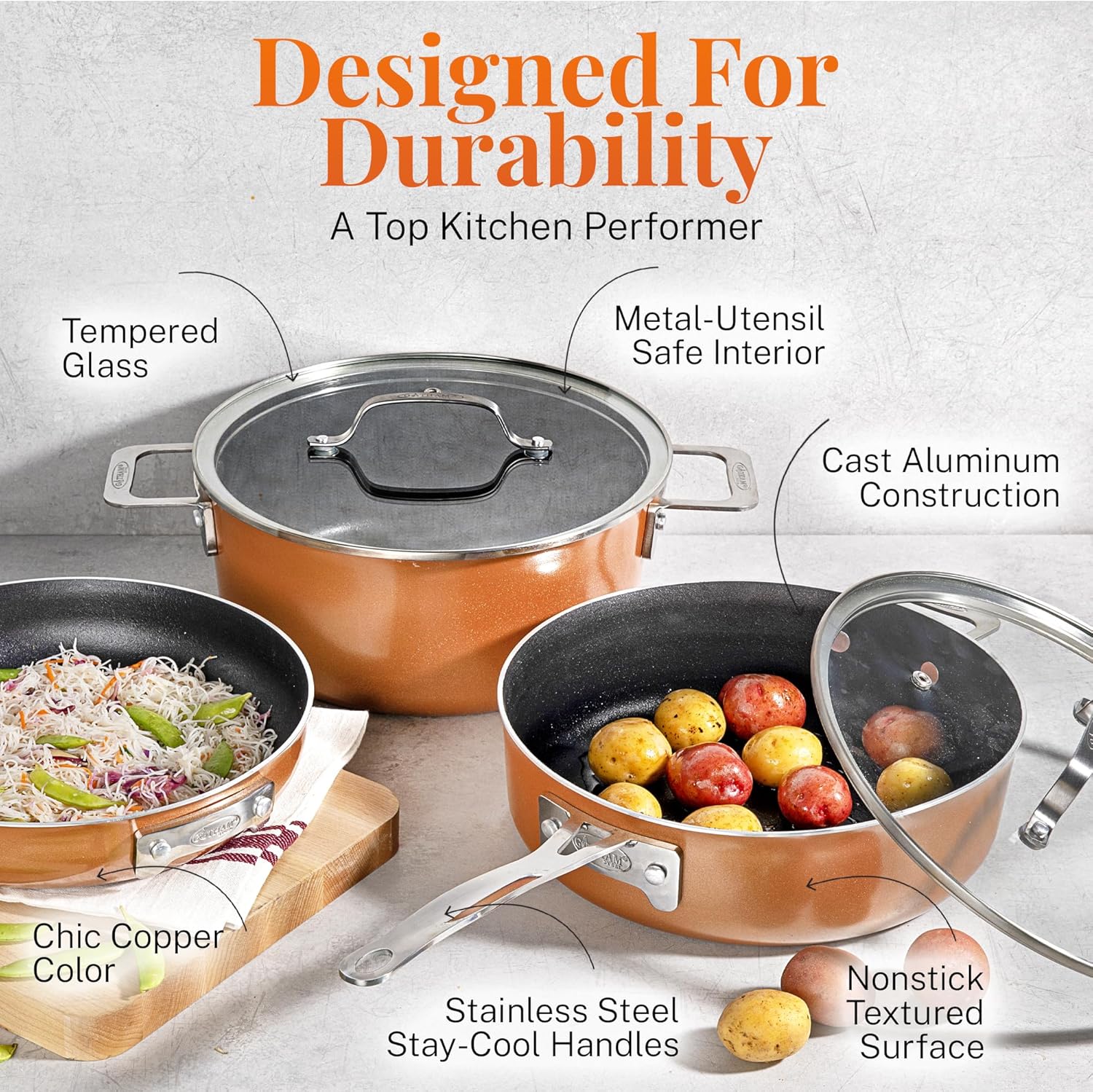 Gotham Steel Stackmaster 10 Pc Pots and Pans Set Non Stick Cookware Set with Kitchen Utensils, Induction Ready, Non Toxic Pot and Pan Set With Space Saving Design, Oven and Dishwasher Safe, Copper
