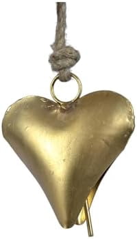 Decorative Hanging Cow Bells – 45” Metal Wind Chime with 6 Heart-Shap Bells on Rope - Vintage Farmhouse Boho Bell Garland for Christmas, Home, Porch, Entryway, Garden & Fireplace (Gold Heart)