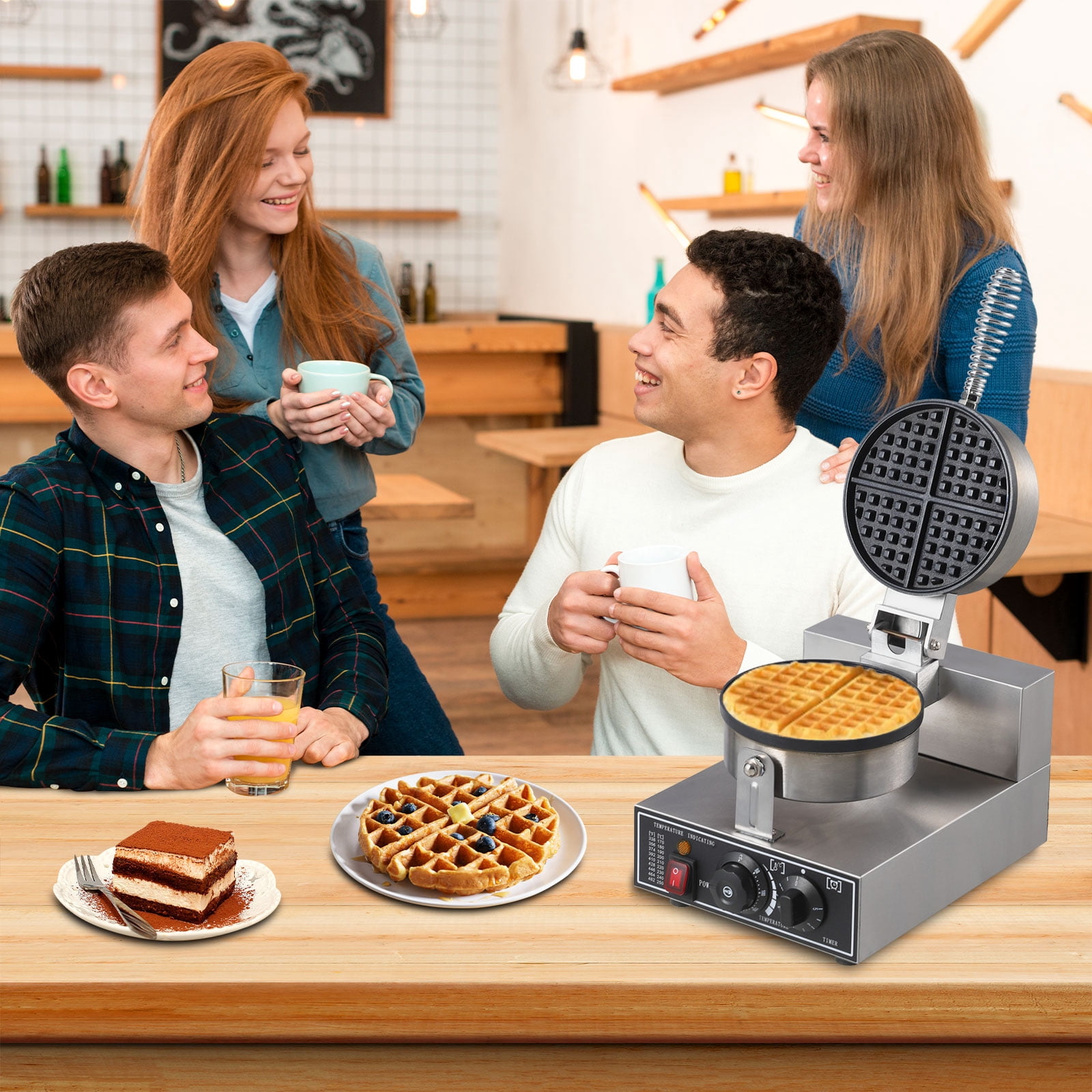 Roromall 110V Commercial Waffle Maker, 1300W Round Waffle Iron, Non-Stick Rotatable Waffle Baker Machine, 50°C-300°C Temp Range, Stainless Steel Round Commercial Waffle Maker for Restaurant