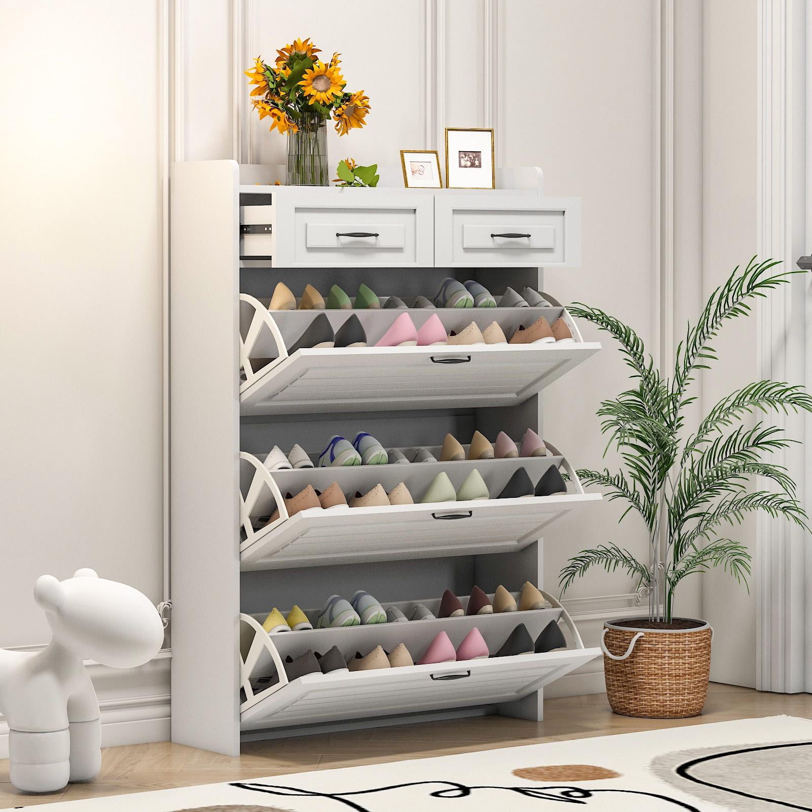 PORKISS Shoe Cabinet, Wooden Entryway Cabinet with Doors and Drawers, 49.2'' Shoe Storage with Large Space, Freestanding Shoe Rack for Home, White