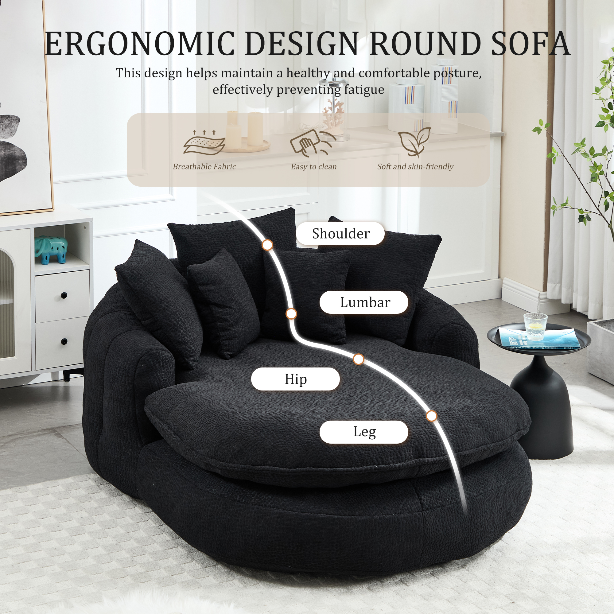 MOONMISS Chenille Upholstered Oversized Wrap Around Deep Seat Bean Bag Lazy Sofa with 5 Pillows-Black