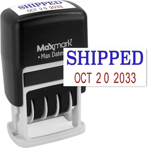 MaxMark Self-Inking Rubber Date Office Stamp with SHIPPED Phrase BLUE INK & Date RED INK (Max Dater II)
