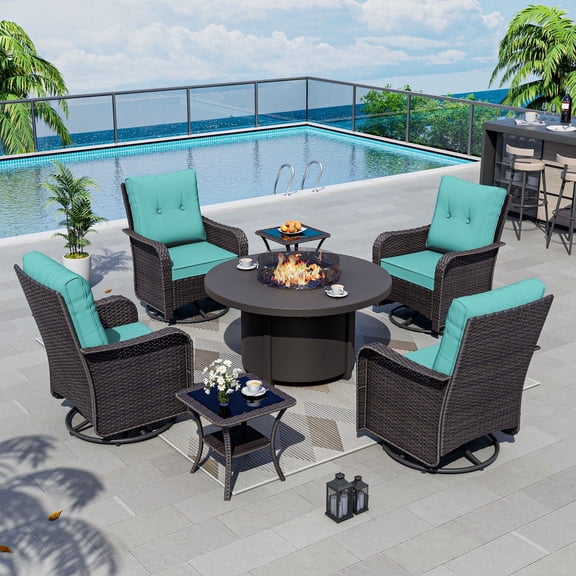 Kullavik 7 Pieces Outdoor Patio Furniture Set with 40000 BTU Round Fire Pit Table,PE Wicker Rattan Swivel Arm Chair Set, Patio Conversation Sets,Blue