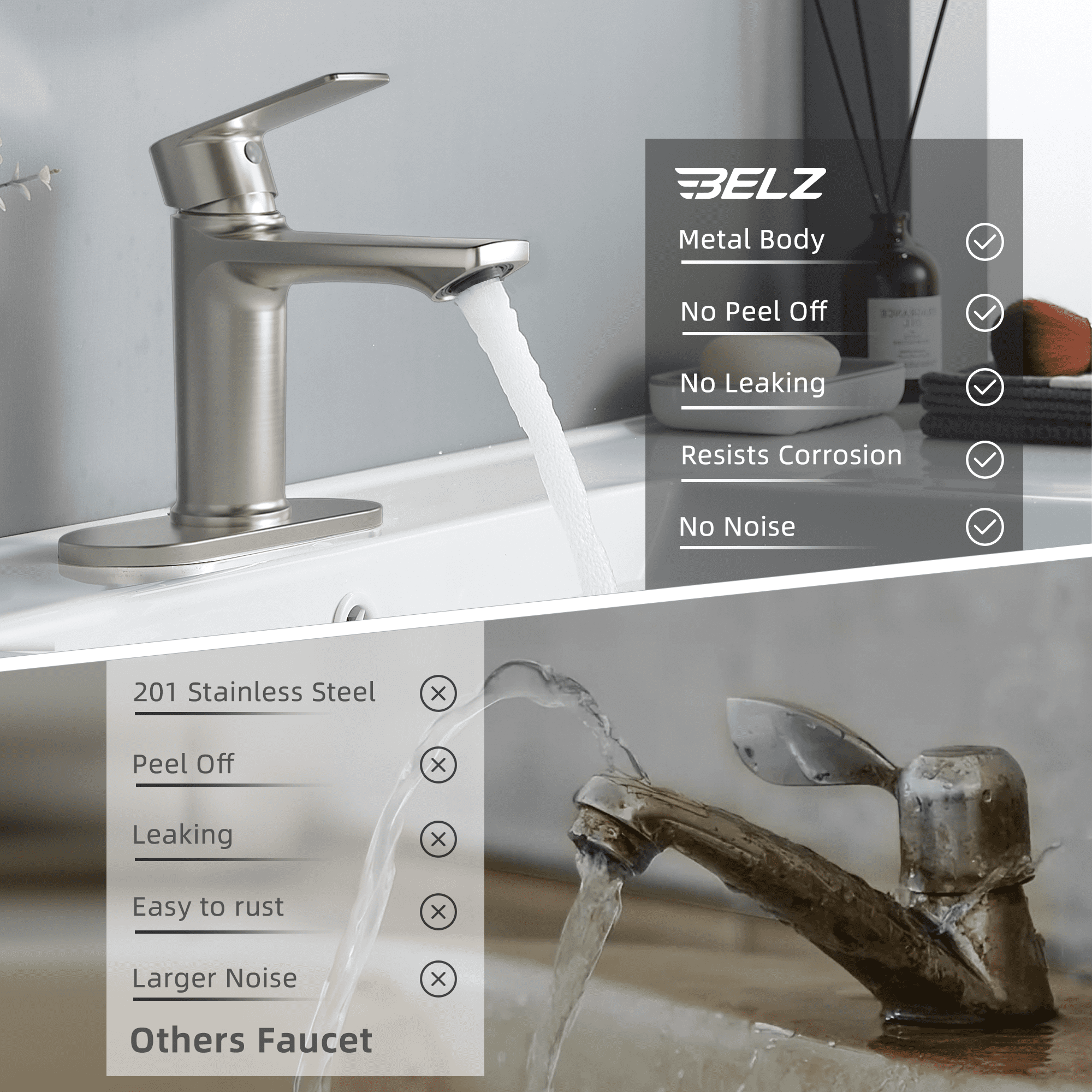 BELZ Bathroom Faucet Modern Waterfall Bathroom Sink Faucet with Single Handle with Pop Up Drain and Deck Plate Suitable for 1 or 3 Holes，Brushed Nickel