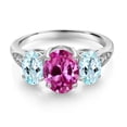 thumbnail image 2 of Gem Stone King 10K White Gold Pink Created Sapphire Sky Blue Topaz and White Lab Grown Diamond 3 Stone Engagement Ring for Women (2.69 Cttw, Gemstone Birthstone, Size 9), 2 of 5