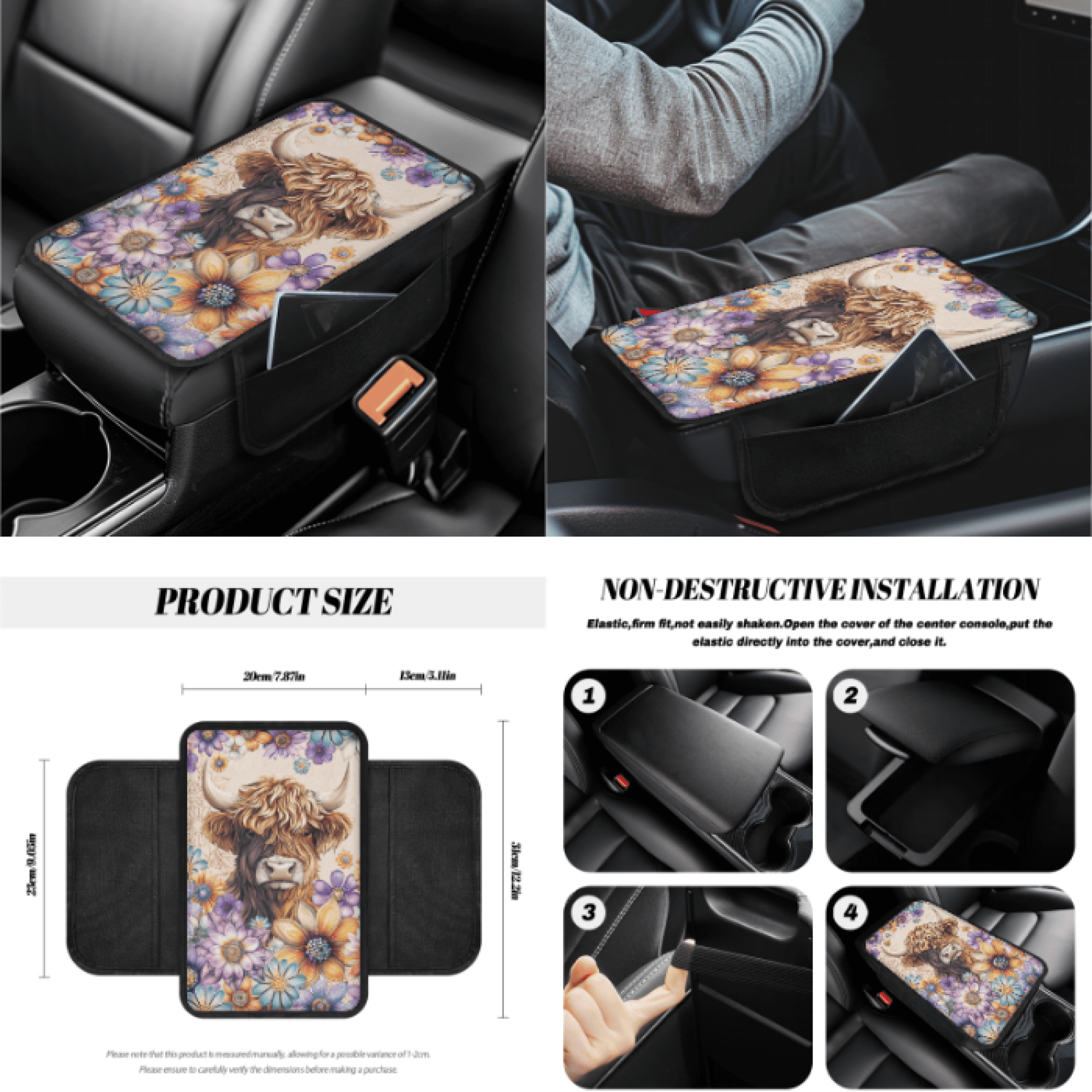 HUIACONG Car Interior Accessory Kit, with Car Cup Coasters Rearview Mirror Protector Car Seatbelt Shoulder Strap Cover, Calf Floral Design Quick Install Personalized