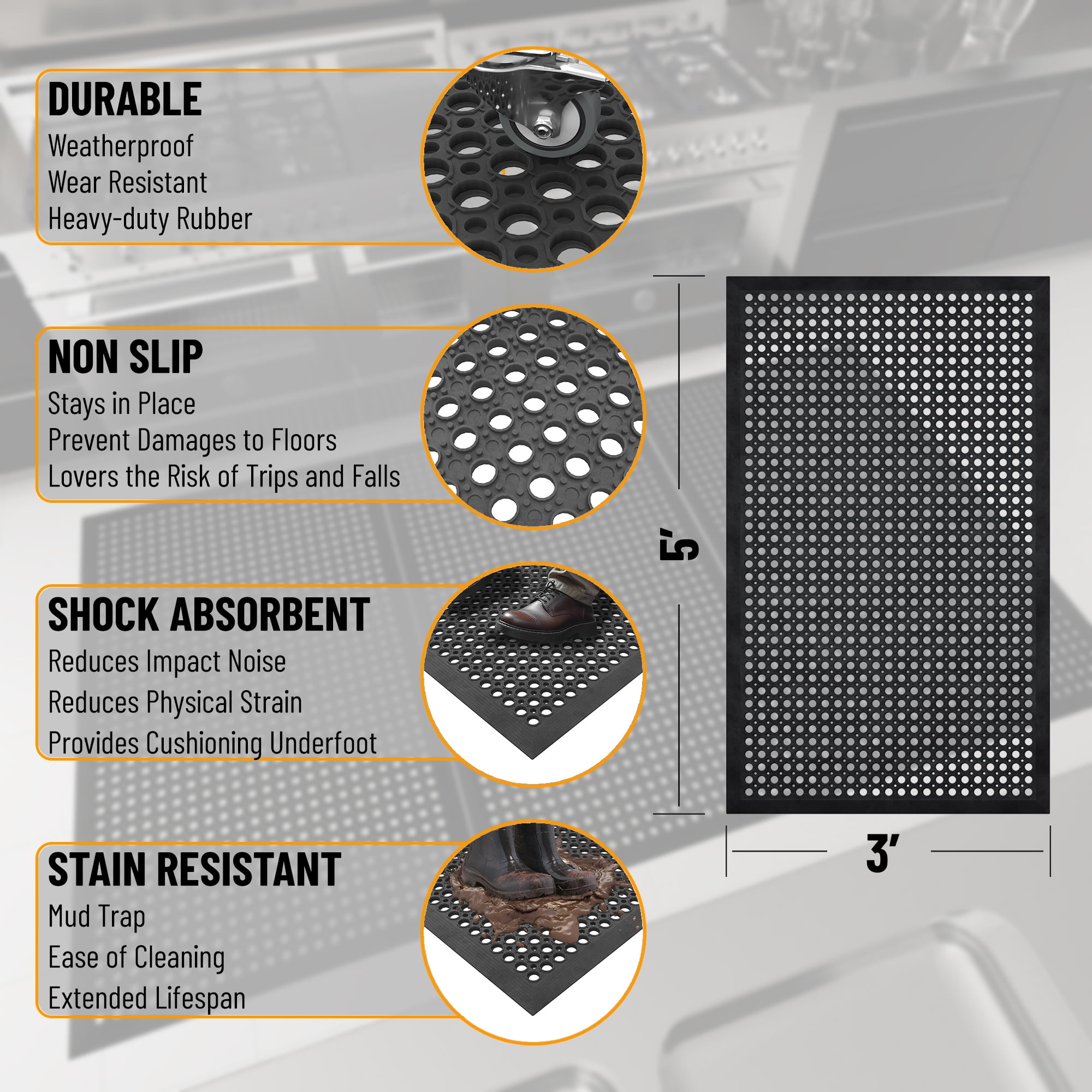 Ottomanson Indoor/Outdoor Rubber Mat 3x5 Non-Slip Door Mat for Restaurant Bar Bathroom, Black, 35" x 60"