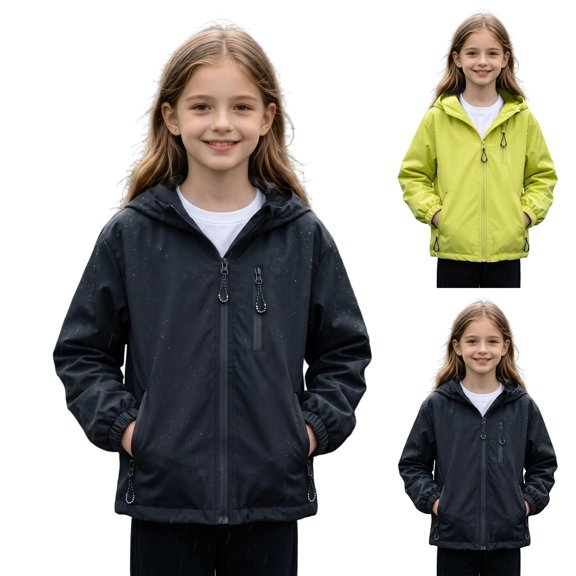 Miaoju Boys Girls Windbreaker Hooded Jacket Lightweight Packable Rain Coat Soft-Fabric for Comfort, with Pockets, Elastic Cuffs, Black 9-10 Years