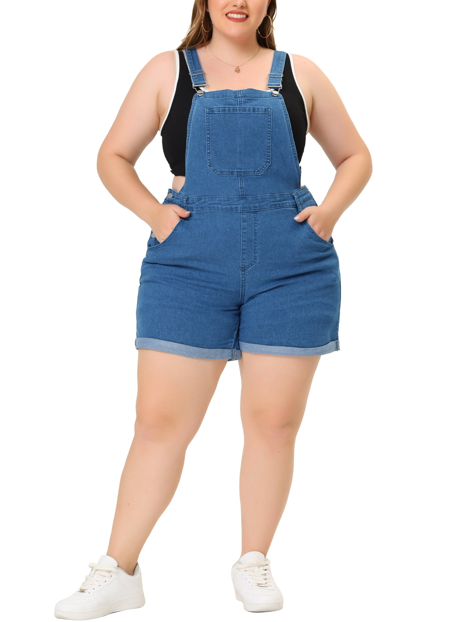 DARING DIVA Women's Plus Size Jumpsuit Roll Hem Pocket Denim Overalls 6X Denim Blue