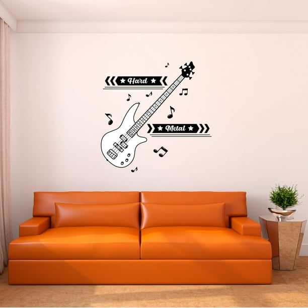 Music Wall Decal Abstract Electric Guitar Silhouette with Musical Notes Bedroom Wall Decal for