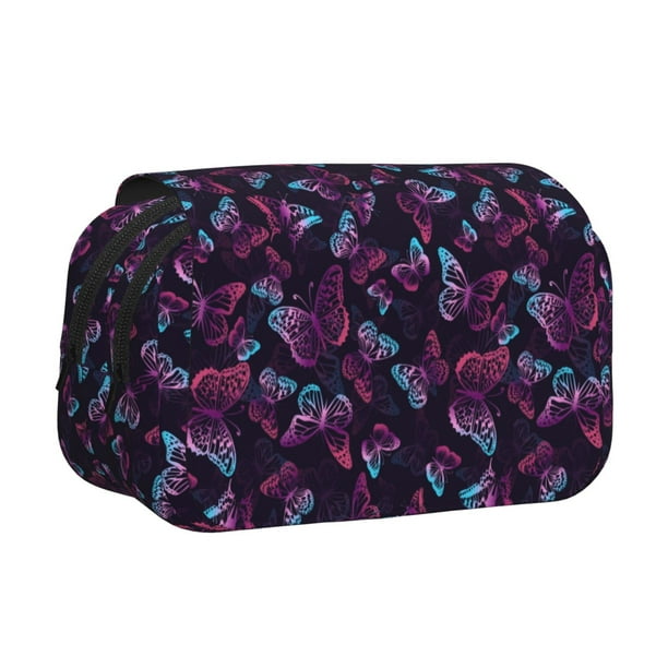 Disketp Purple Butterfly Estuche de Lápices de Doble Capa con Tapa Abatible y Cremallera, Organizador Escolar para Adolescentes y Adultos