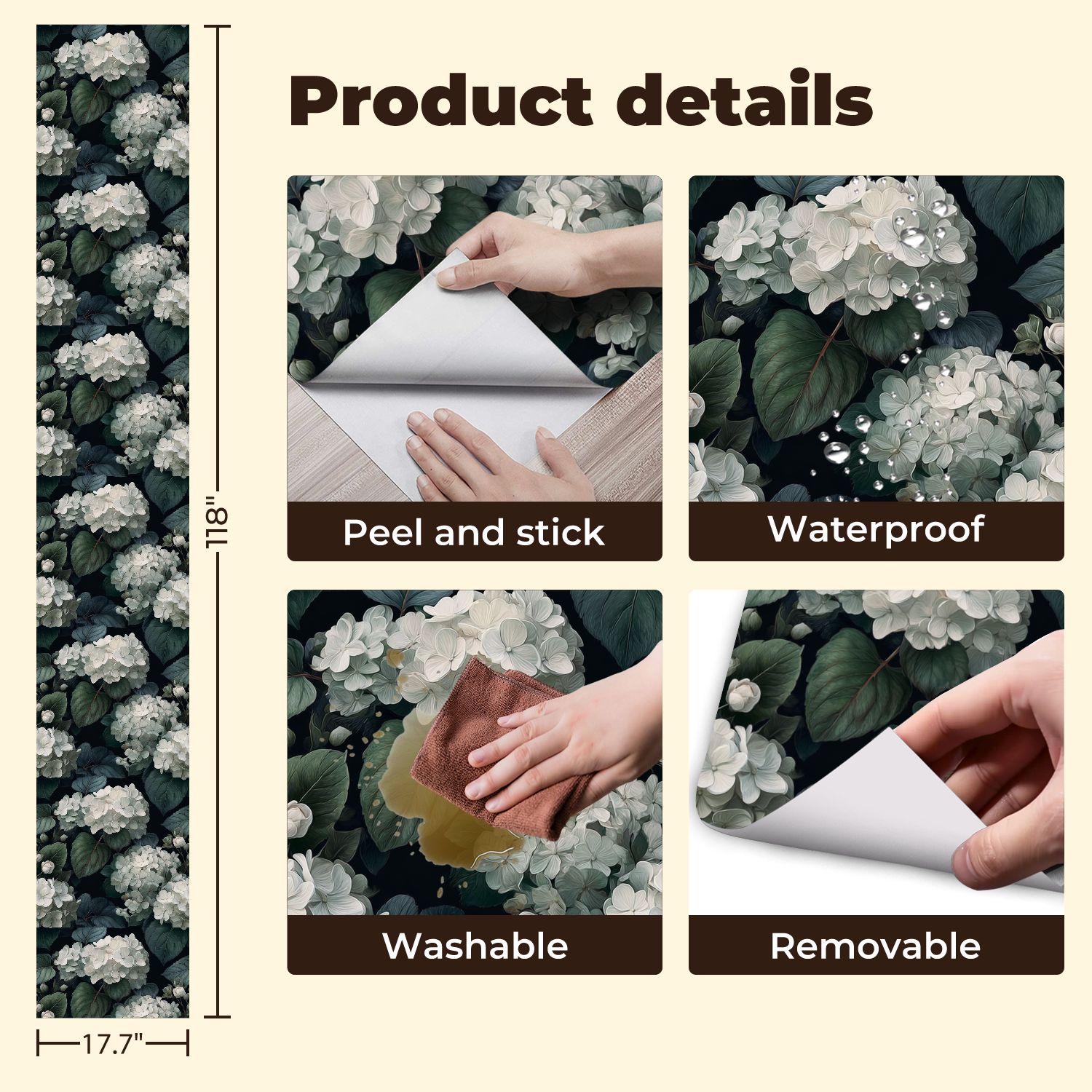 Peel and Stick Wallpaper 17.7in x 9.8ft White Hydrangea Flowers Green Leaves Dark Botanical Contact Paper Vinyl Self-Adhesive Removable Wall Paper for Bedroom Kitchen Cabinet Renter Friendly