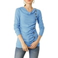thumbnail image 2 of INSPIRAR CHIC Blusa de Manga Larga con Cuello de Cowl y Botones Decorativos, Frontal Fruncido, Ajuste Regular, Pulóver Talla XL Color Azul Claro, 2 of 7