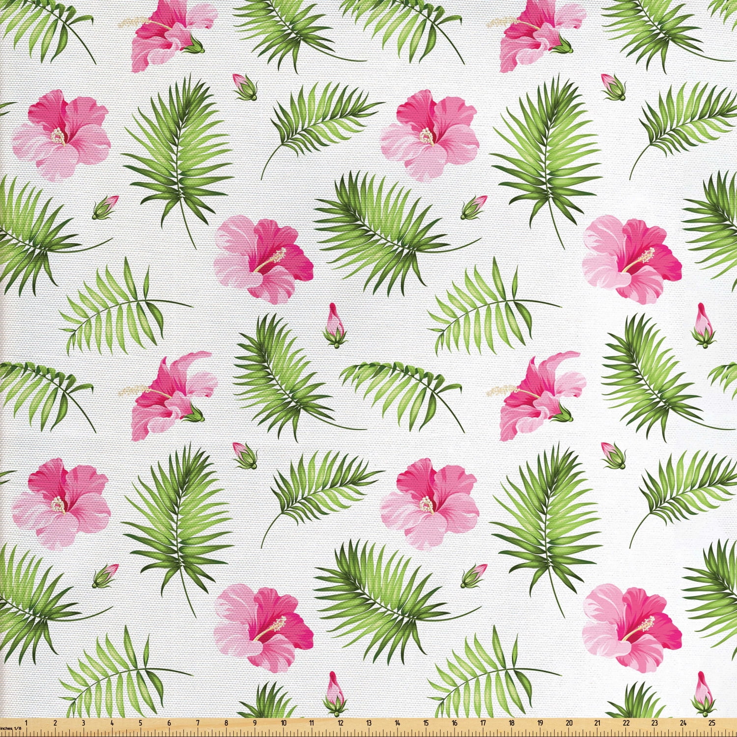 Tropical Sofa Upholstery Fabric by the Yard, Pink Hibiscus Flowers with