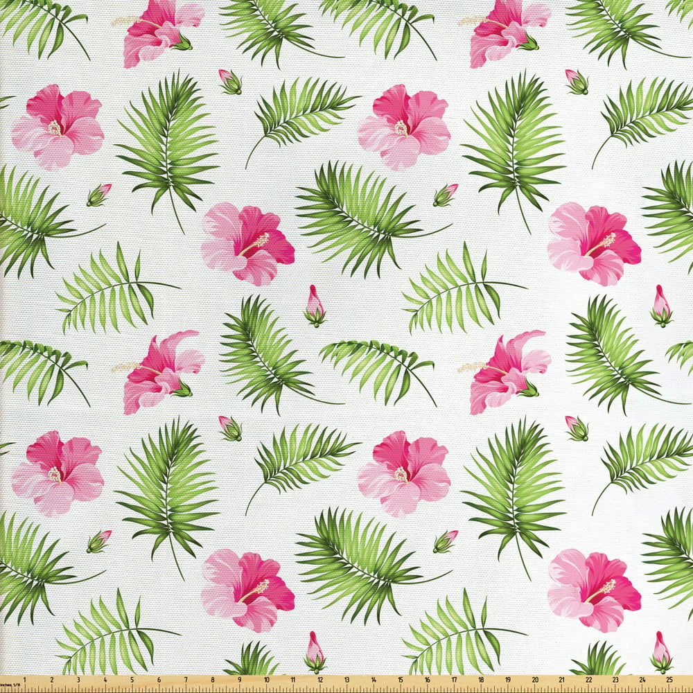 Tropical Fabric By The Yard Pink Hibiscus Flowers With Green Palm
