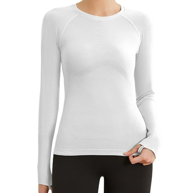 fheaev Chandails à Manches Longues pour Femmes Col Rond Chandail du Bas Ajusté Décontracté Extensible Ajusté sous-Blouses Entraînement Haut de Sport Pilates Vêtements de Mise en Forme Couche de Base Hauts