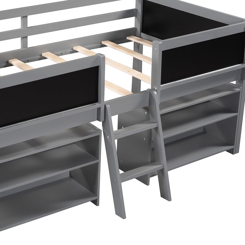 Kadyn Twin Size Low Loft Bed with Two Movable Shelves and Ladder,with Decorative Guardrail Chalkboard,Gray