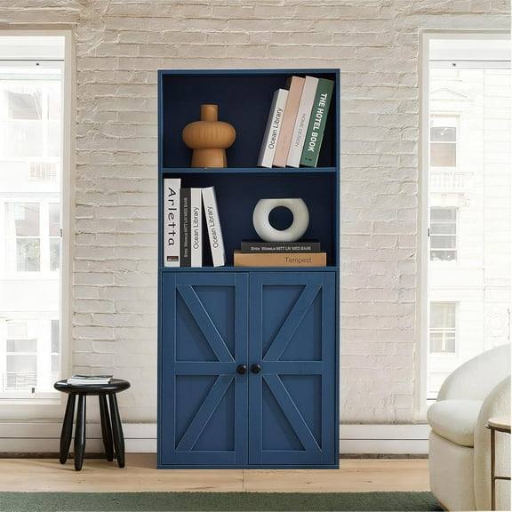 Bookshelf, Tall Bookcases with Doors, Floor Standing Display Storage with Cabinet, Wooden Bookshelf with Adjustable Storage Shelves for Living Room Office (Blue, 4 Tier with Doors)
