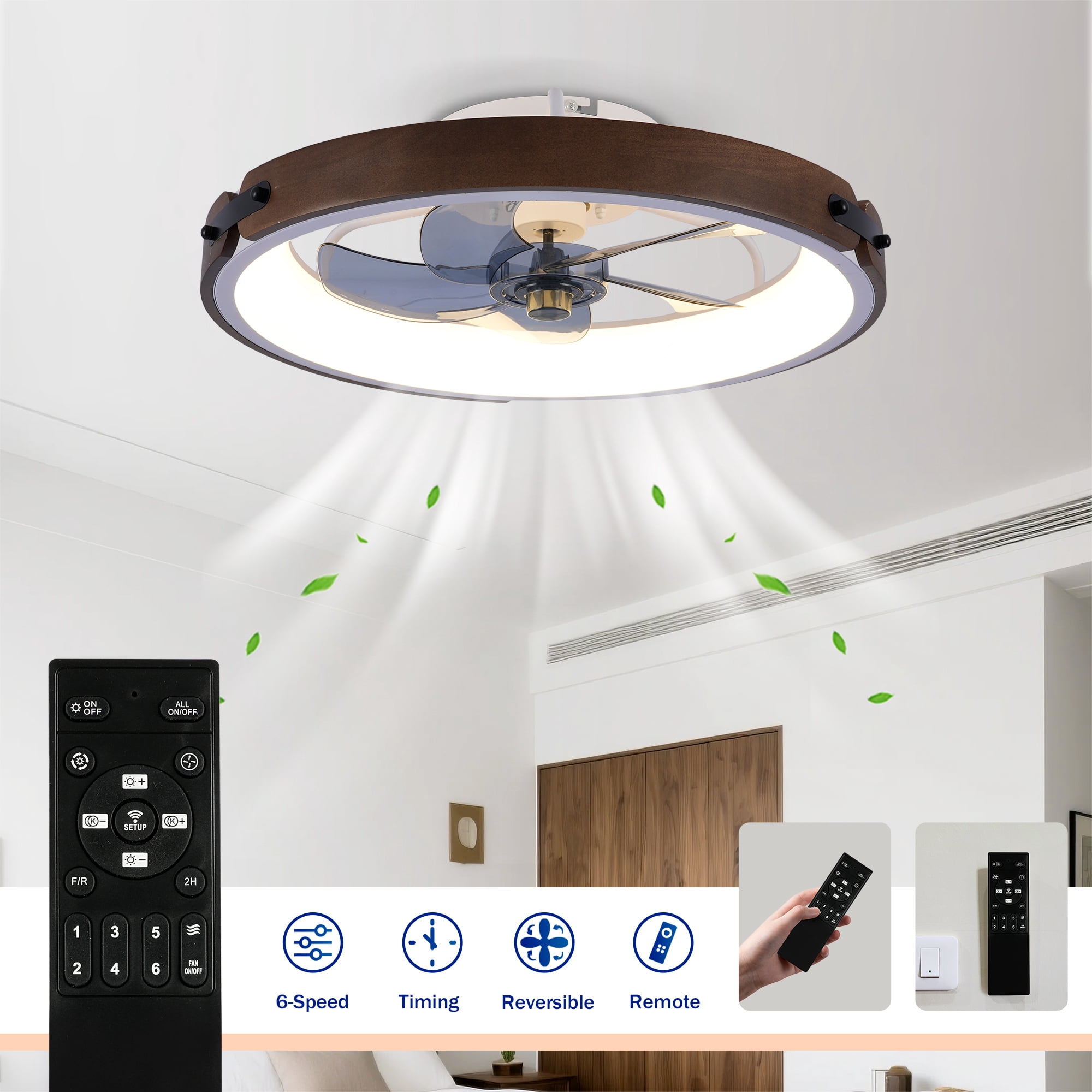 Leumius 20" Ceiling Fans with Light and Remote, 3000-6500K Dimmable Modern Flush Mount LED Fan Light, 6 Speeds, Quiet DC Motor for Living Room Bedroom Kitchen Brown