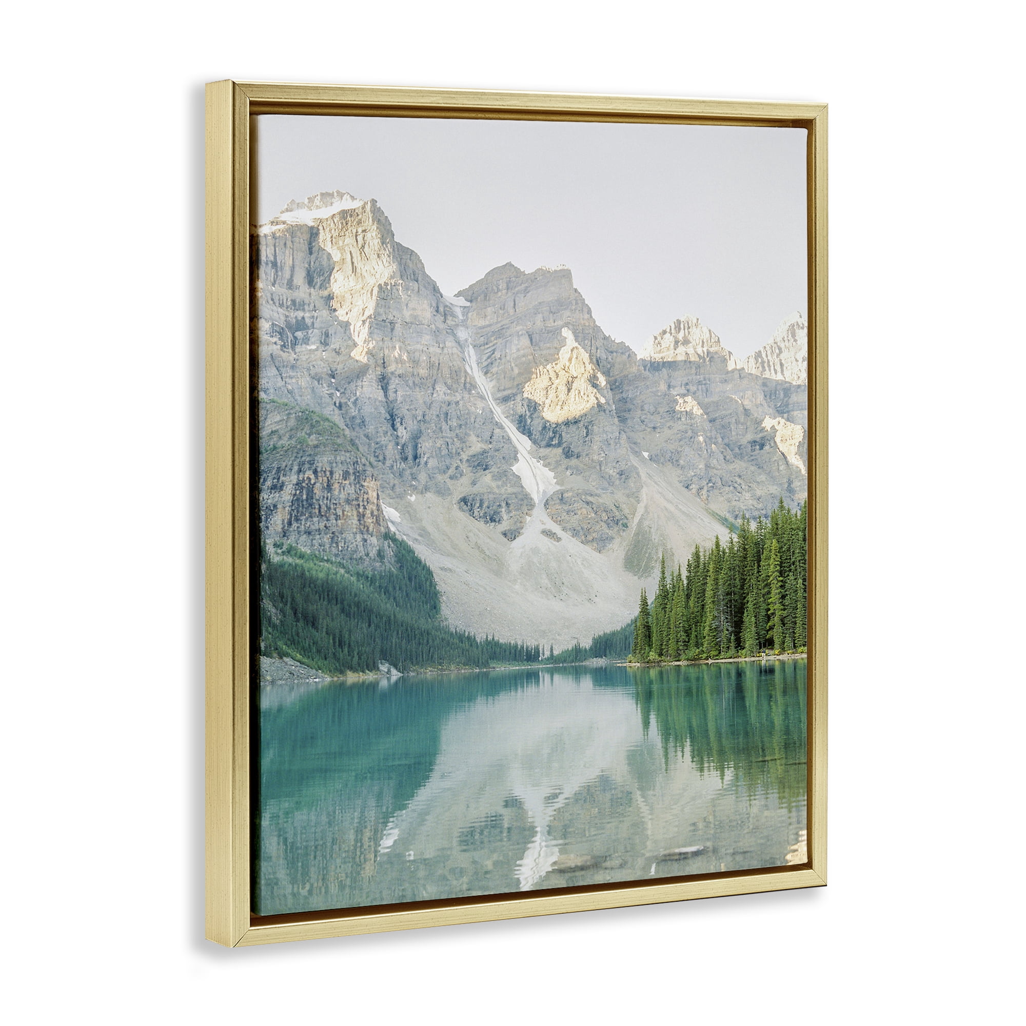 Stupell Industries Reflective Mountain Lake Landscape Photography Gold Floater Framed Art Print Wall Art, 17 x 21