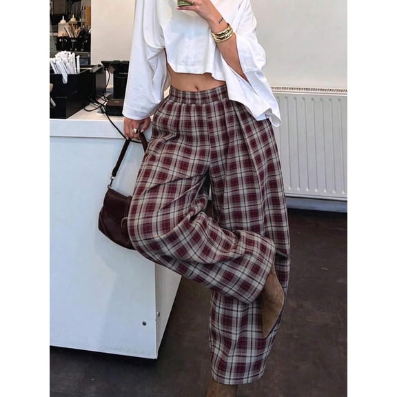Women's Plaid High Waist Wide Leg Pants, Elastic Waist Loose Fit Trousers for Work, Office & Everyday Wear