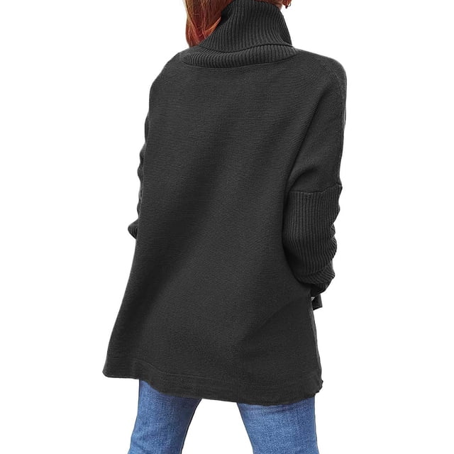 Suodoka Suéter Holgado de Cuello Alto para Mujer Manga Murciélago Negro Talla L