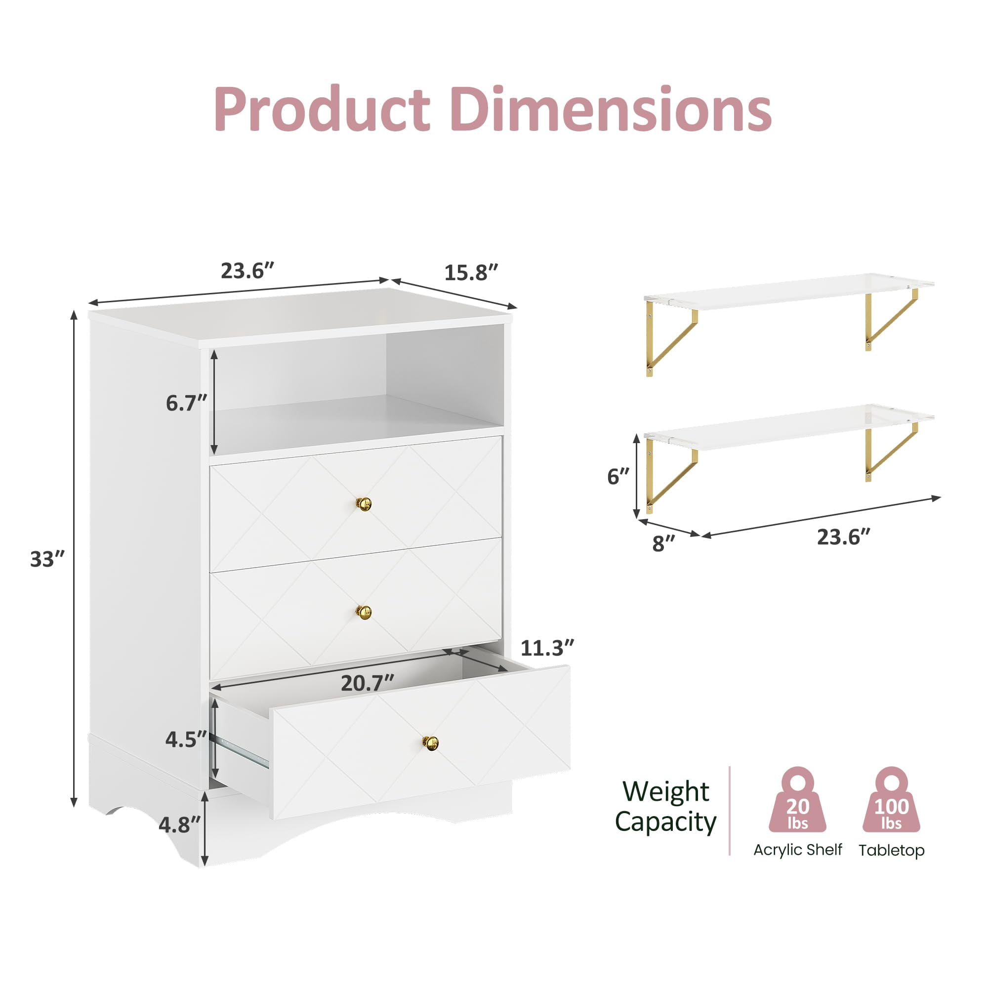 Royalcraft Dresser with Drawers & Floating Shelves, 3 Drawer Dresser with Open Storage & Painted Finish, Modern Storage Dresser for Bedroom, Closet, Hallway, White