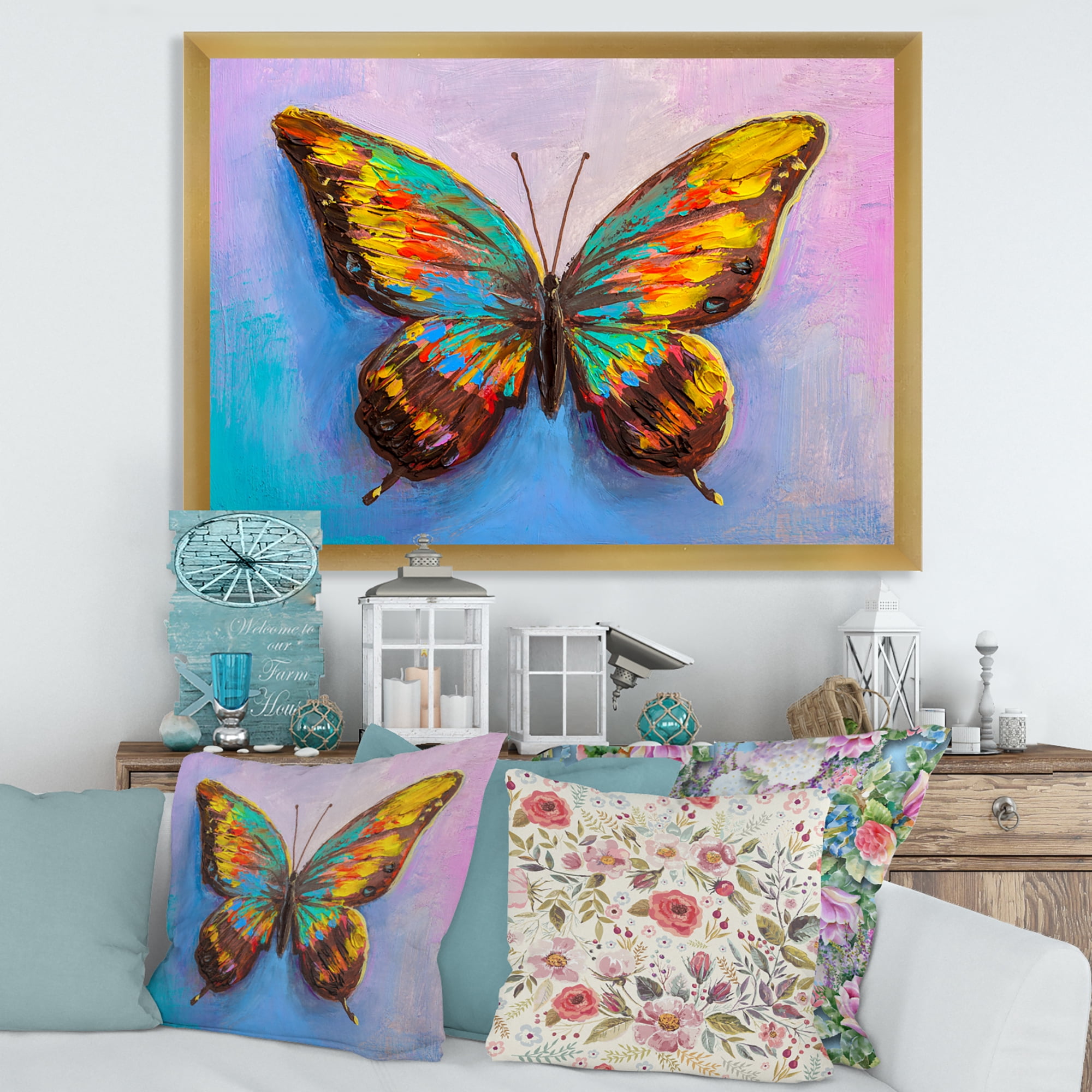 Designart 'Beautiful Butterfly In Orange and Turquoise' Modern Framed Art Print
