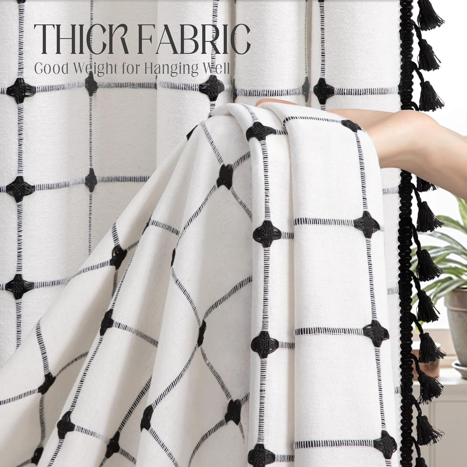 Black and White Farmhouse Shower Curtain Cotton Texture with Embroidered Plaid Pattern and Tassels for Bathroom,72" W×72" L