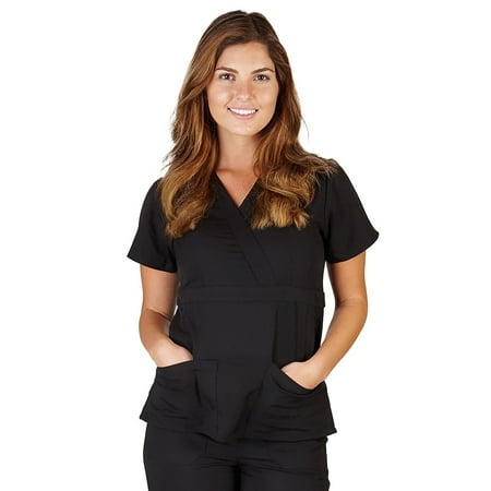 UltraSoft Premium 3 Pocket Mock Wrap Medical Scrub Top For Women - JUNIOR FIT Black / Medium