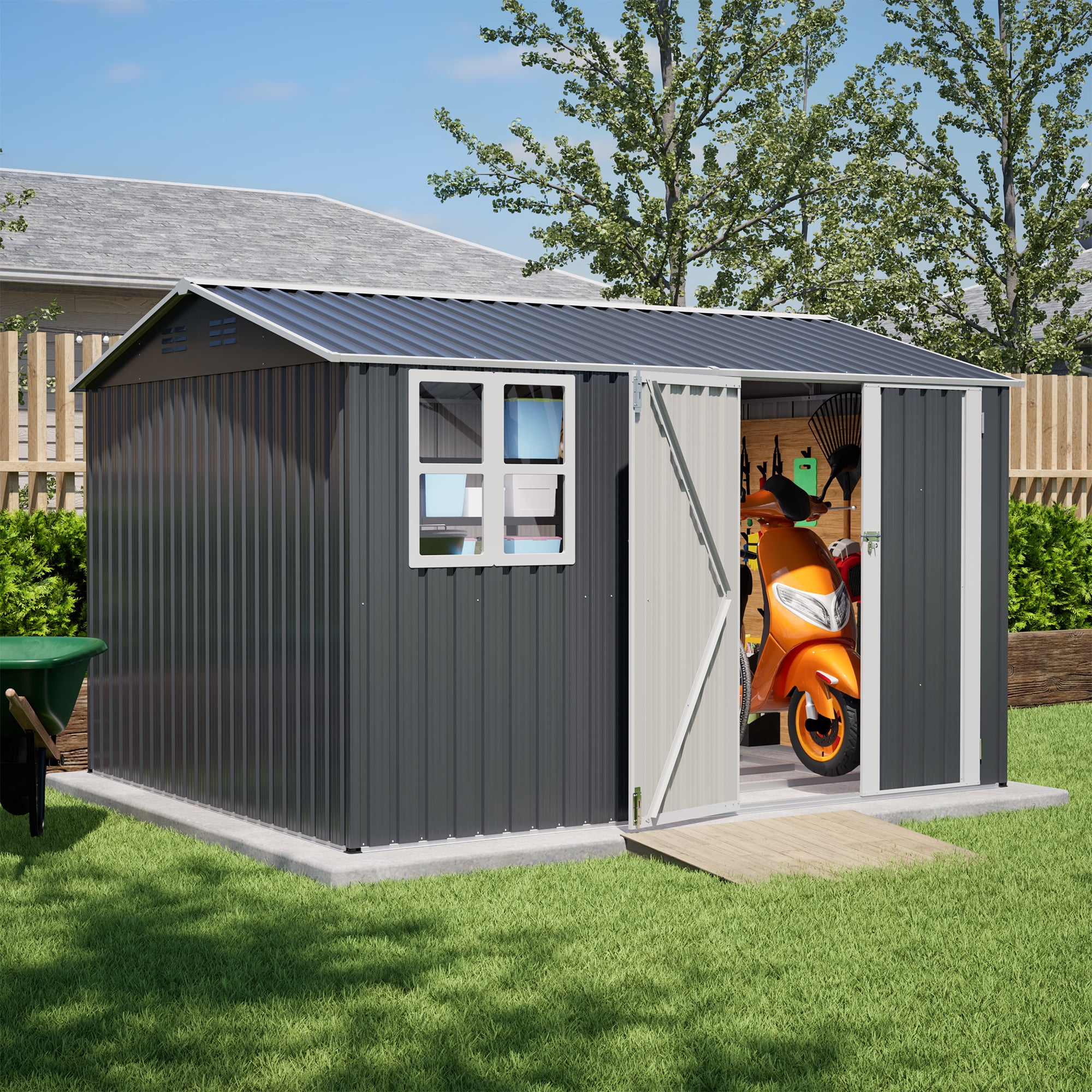 MAYEERTY 10x12FT Large Outdoor Metal Storage Shed, Galvanized Steel Tool Shed with Double Doors & Sloped Roof, All-Weather Organizer for Backyard, Garden & Patio
