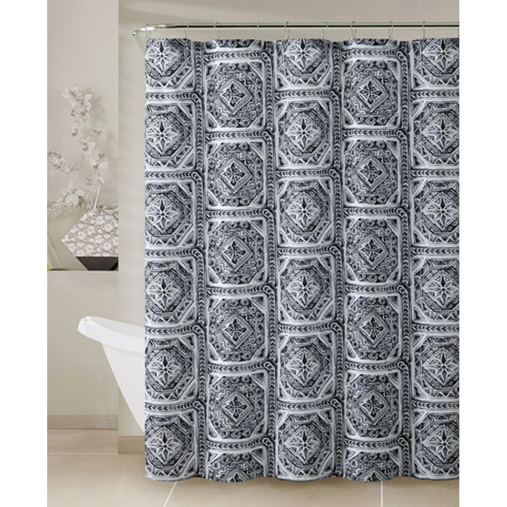 Gray, Black and White Fabric Shower Curtain with Printed Geometrical
